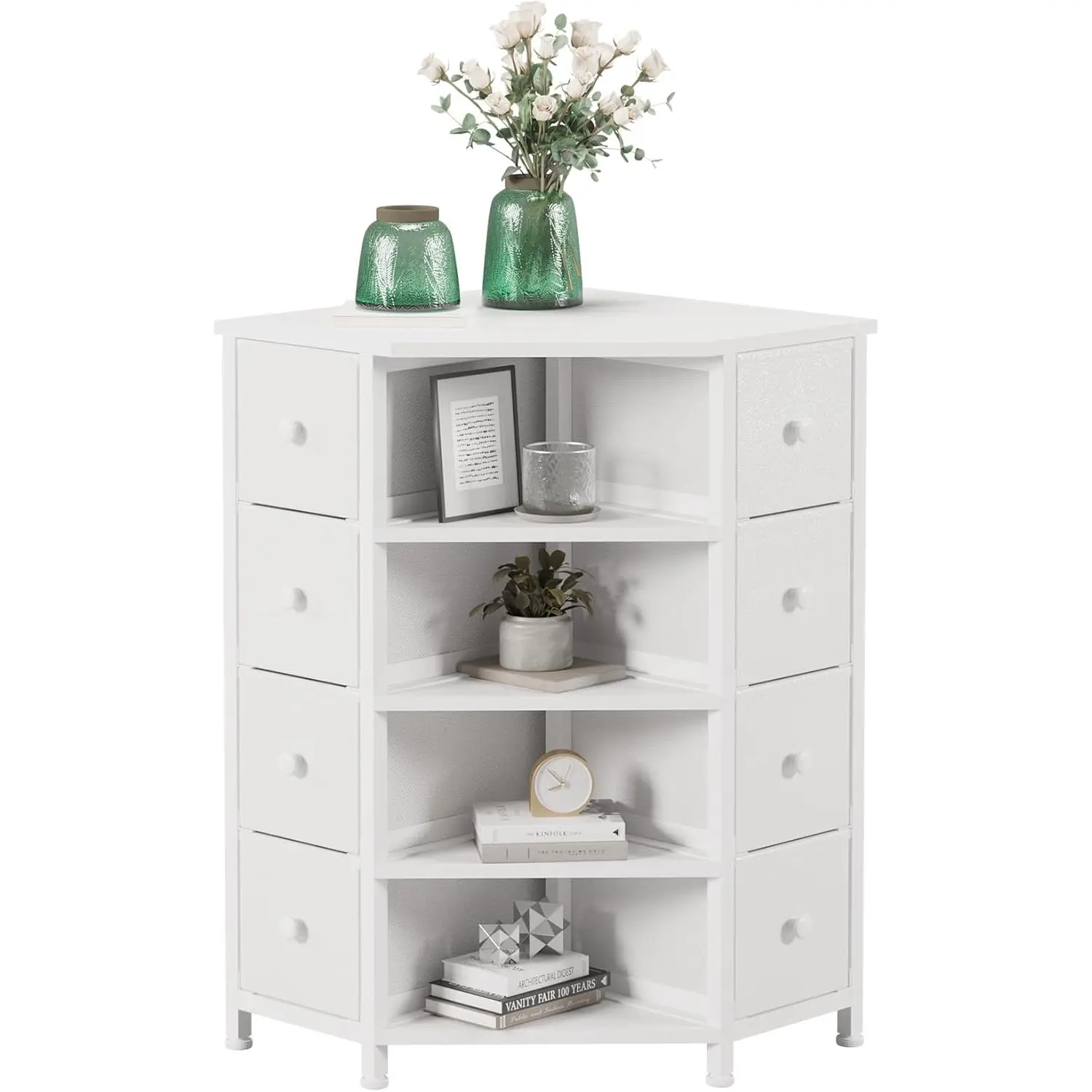 Sturdy Synthetic Fabric 8-Drawer Corner Dresser - Durable Modern Accent Cabinet, Open Shelves, Space-Saving Storage for Bedroom, Entryway, Drawer Organizer Cabinet