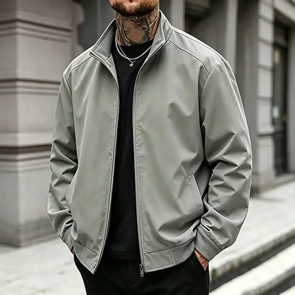 Men's Classic Stand-Collar Bomber Jacket Plain Long-Sleeve Lightweight Windbreaker for Casual Daily Wear, Coats, Longsleeves, Pull-On, Body-Fit Men's Lightweight Jackets, Custom Fit Men's Lightweight Jackets