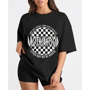 Retro Black  Women's T Shirt with Motherhood Checkered Graphic and Some Days I Rock It Some Days It Rocks Slogan Unisex Casual Top for All Season Comfort and Humorous Mom Style