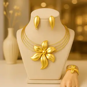 BOLD FLORAL PLATED GOLD Necklace and Earrings Set with Elegant Flower Design and Matching Accessories