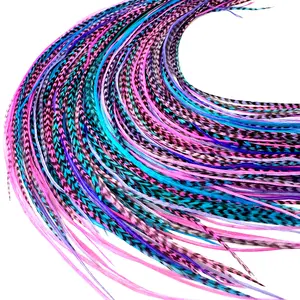 Real Rooster Feathers 50 Purple Pink and Turquoise 9”-14” Long - 50 Micro-link Beads - 100% Real Hair Extension DIY Kit