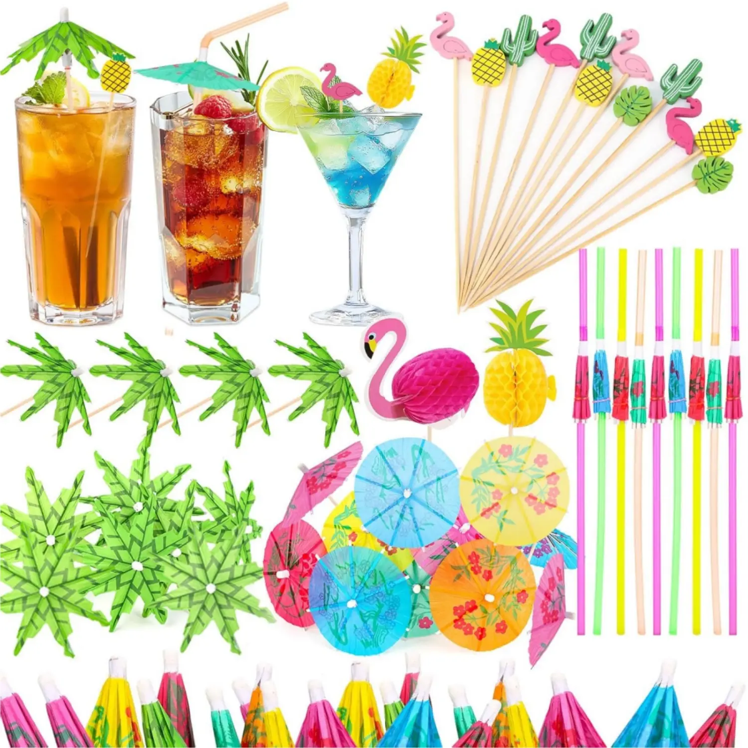 180PCS Drink Umbrellas, Cocktail Drink Accessories Includes Umbrella Straws, Umbrella Toothpicks, Decoration Picks for Aloha Tropical Hawaiian Luau Party