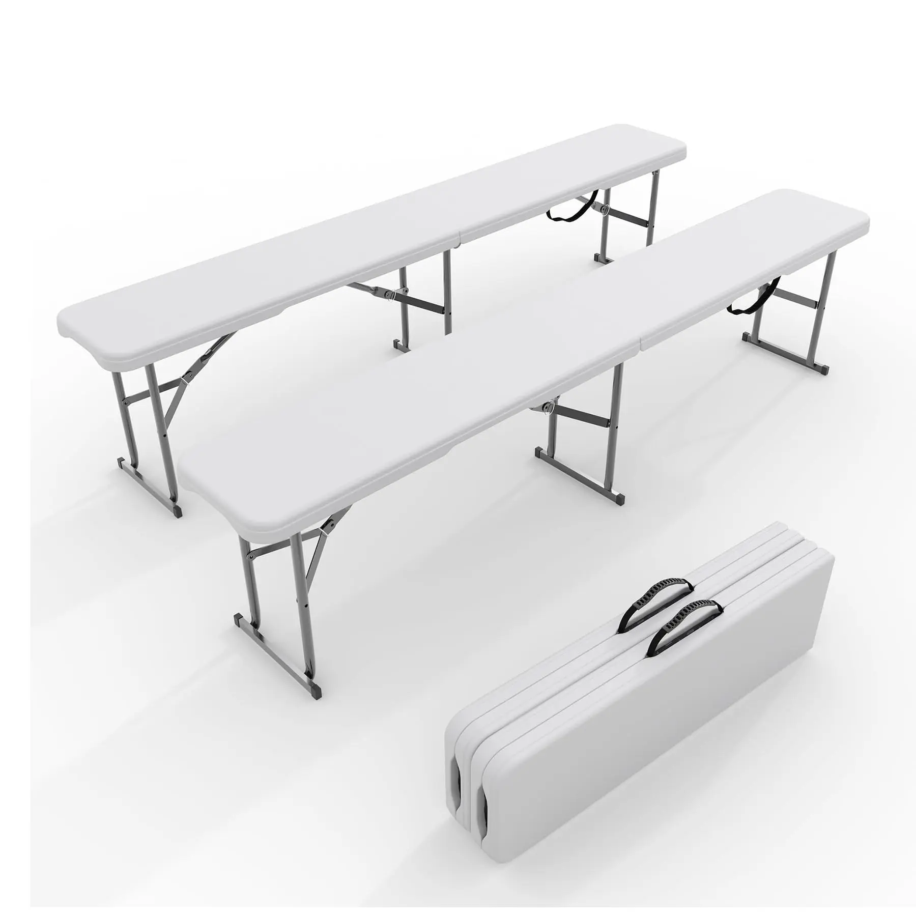 Garvee 6Ft Plastic Folding Bench 2 Pack - Portable, Foldable HDPE Waterproof Outdoor Benches with Carrying Handle for Picnic, Camping, Sports, and Party Activities in White