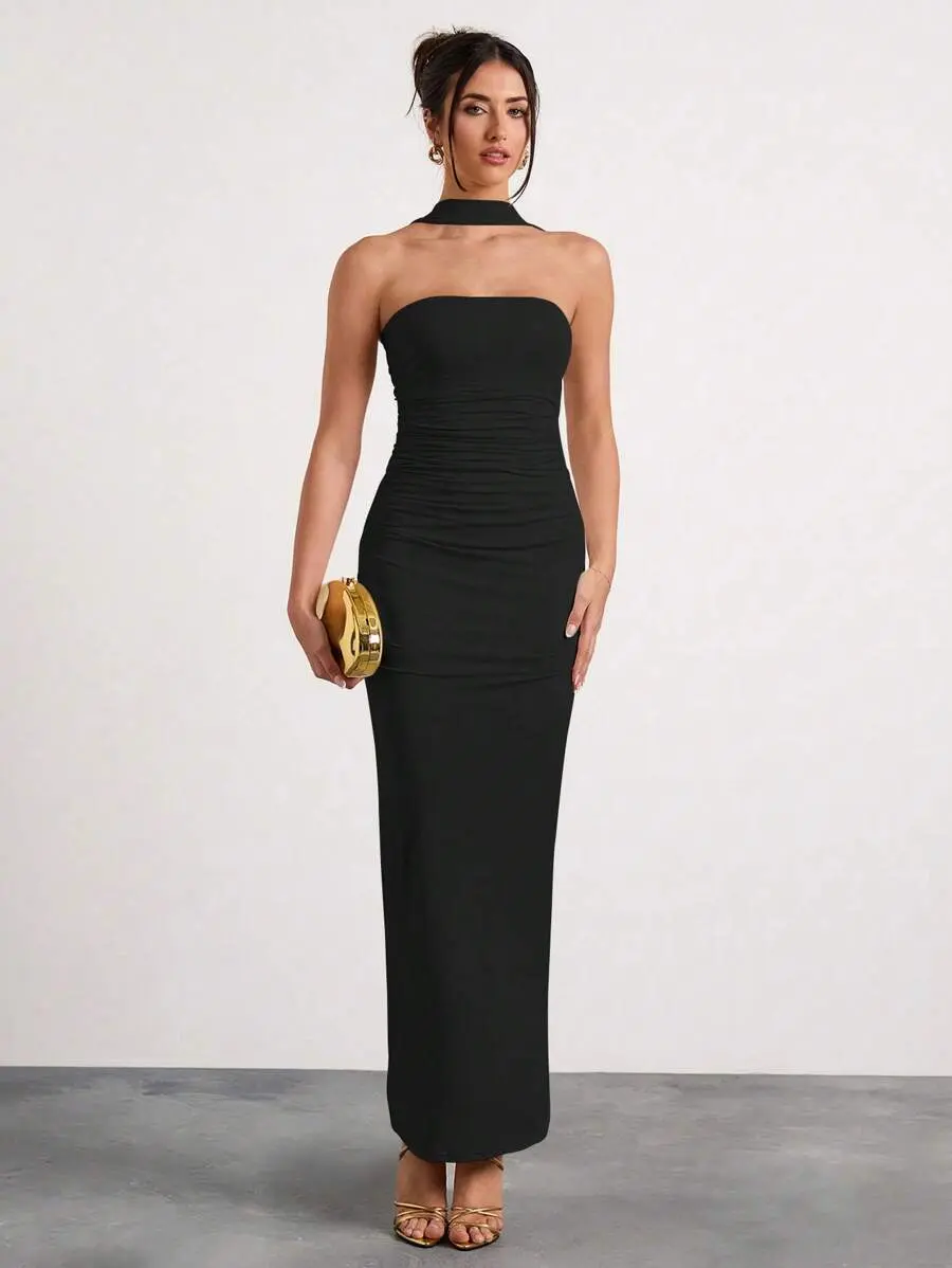 Glamine Beige Color Off The Shoulder Ruched Halterneck Maxi Dress,Holiday Party Carnival Dress,Date Night Outfits,Women Birthday Outfits,Valentine Day Dress, Evening Dresses For Women Birthday Dresses For Women Women Formal Women Elegant Evening Dresses