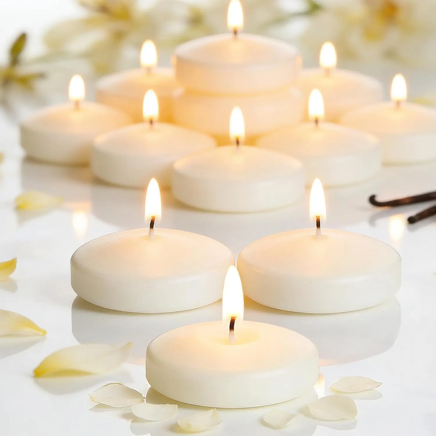 36 Packs 3 Inch Vanilla Scented Floating Candles, 10 Hours Burn Time Highly Scented for Home, Pool, Bathtub, Relaxation, Centerpiece, Party