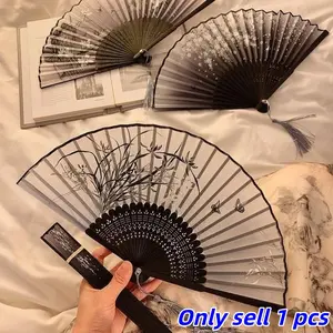 Chinese Style Folding Hand Fan, Plant Theme Bamboo Handheld Fan with Tassel, Elegant Handheld Fan for Home, Dance and Gift, Decor, Flower Design, Decoration Items, Decorating, Portable Folding Fan
