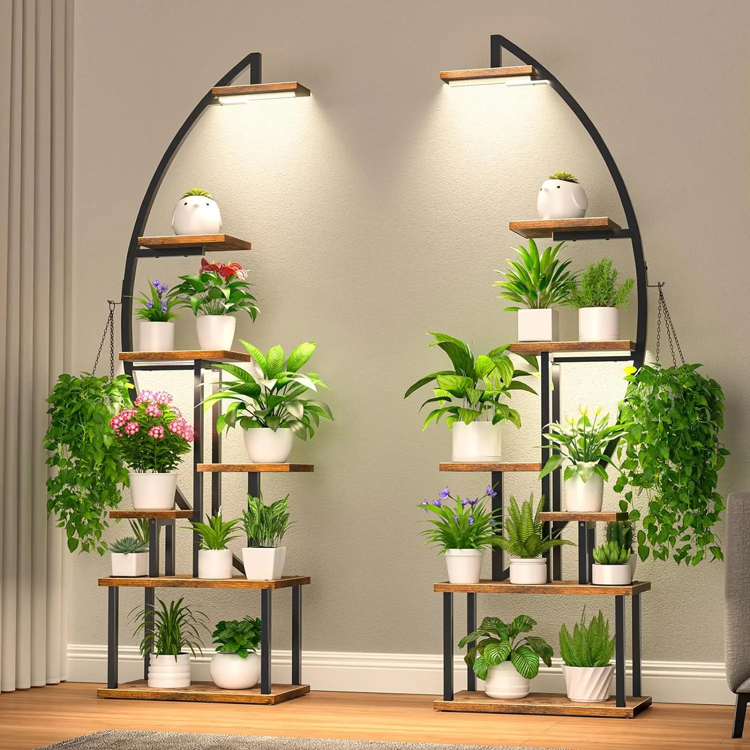 POZILAN 2-Pack Lighted Plant Stand with Adjustable Timer LED Grow Light - 14-Tier 70" Half-Moon Corner Shelf, Metal Freestanding/Curved Multi-Level/Corner-Mounted Riser Racks & Displays for Multiple Pots, Home Decor Gift, Lighted Riser Racks & Displays