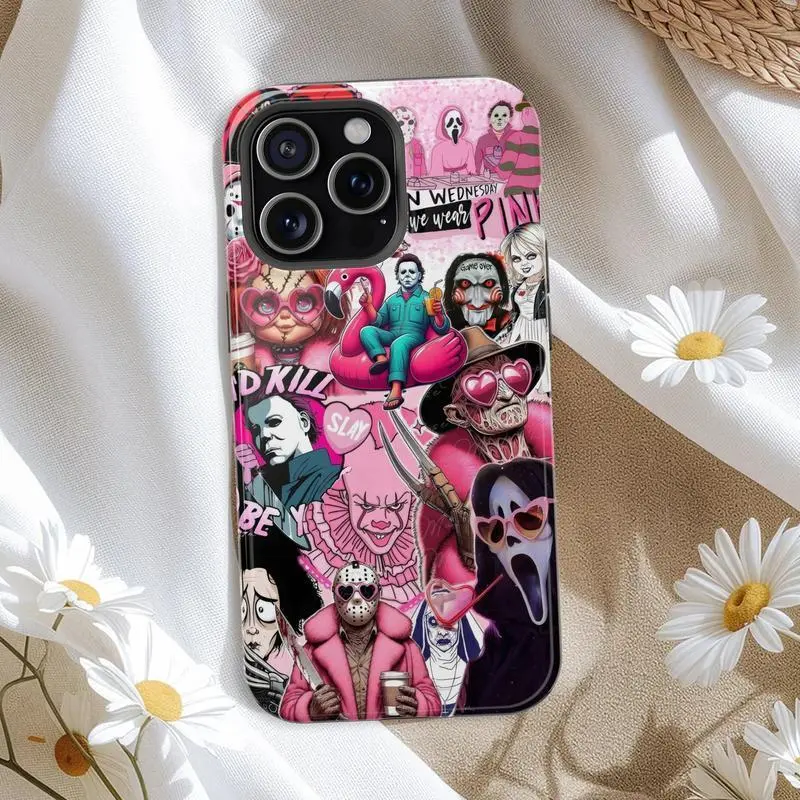 Horror Character Spooky Pink Halloween Vibe Protective Phone Cover - Shockproof Casing, Scary Movie Fan Gift, Accessories for iPhone 11/12/13/14/15/16/17 ProMax Plus, Samsung Phones (Halloween, Christmas Use), Smartphone