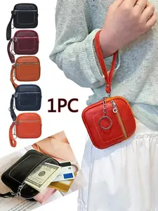CYX Square Leather Mini Card Wallet Coin Purse, Zipper Lock Design, Fashion Money Bag, Unisex Perfect Gift, All Seasons Casual Style