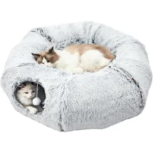 Plush Cat Tunnel Bed for Indoor Cats - Collapsible Donut Tunnel with Central Mat - Fluffy Cave with Hanging Ball Calming Kittens