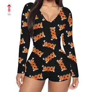 Women Halloween Jumpsuit, Long Sleeve V Neck Ghost Letters Grimace PrintFit Bodysuit Loungewear Sleepwear