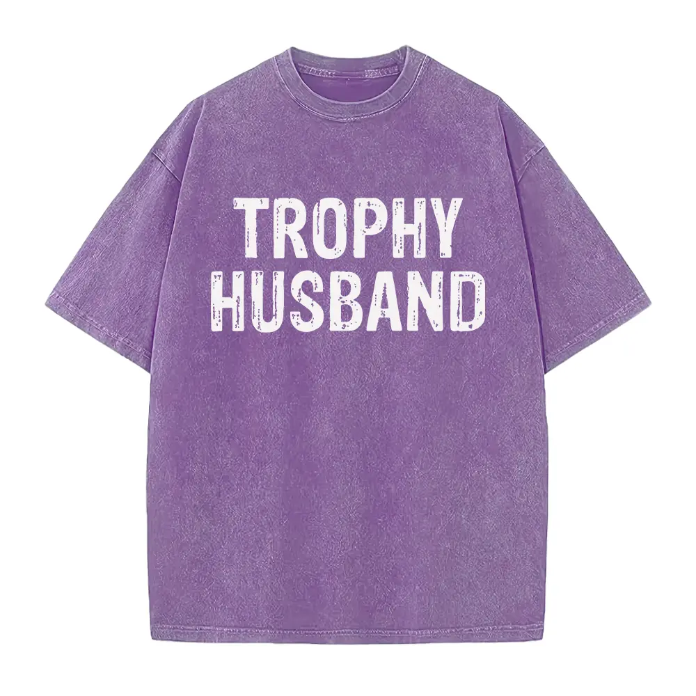 Crew Neck Tee for Men 'TROPHY HUSBAND' Bold Text Design Vintage Distressed Look Comfortable Fit for Casual Attire Ideal Gift for Him PLUS SIRetro Casual Short-sleeved T-shirt with a Round Neck