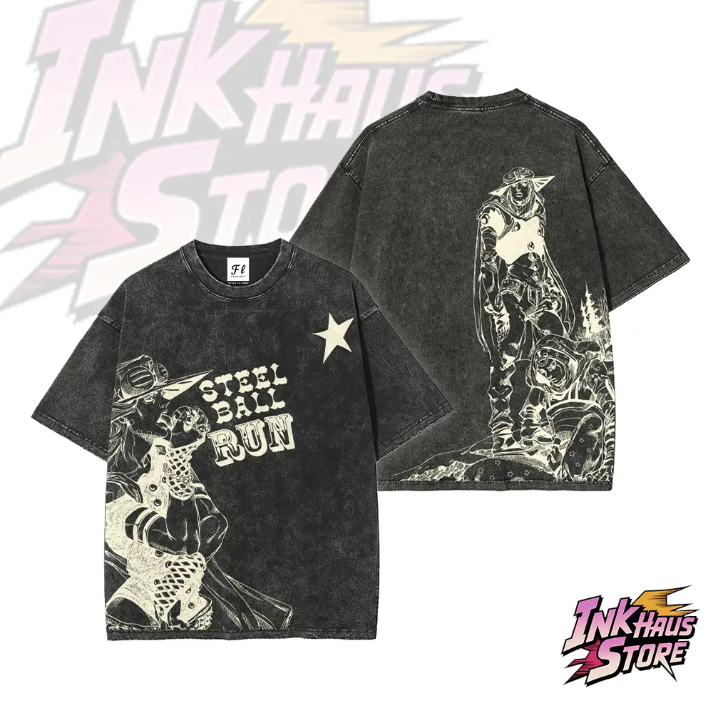 Steel Ball Run acid wash T-shirt, Johnny Joestar and Gyro Zeppeli from JJBA Part 7,anime fashion Short Sleeve Cotton Unisex Retro vintage Tee