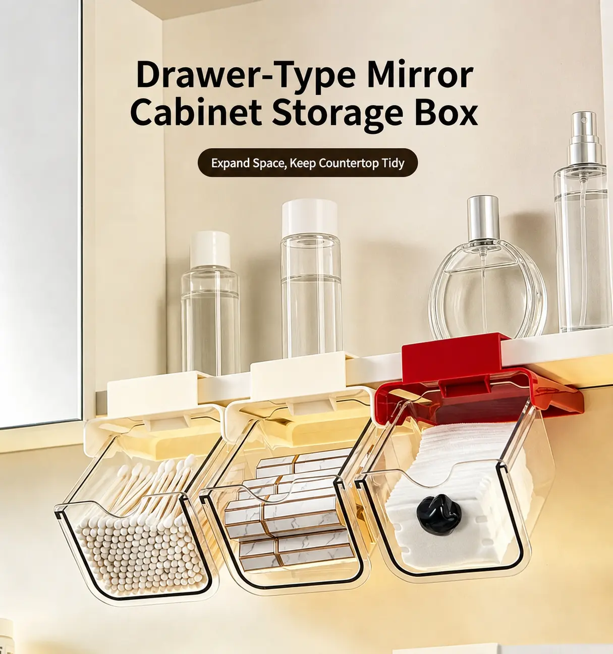 Under Cabinet Pull-out Storage Organizer, Punch-free Hanging Drawer Storage Box with EVA Adhesive Sticker, Clear PET Bathroom Vanity Cabinet Bin for Cotton Swabs Makeup Pads Cosmetics Bathroom Kitchen Space Saving Container with Anti-drop Limit Buckle