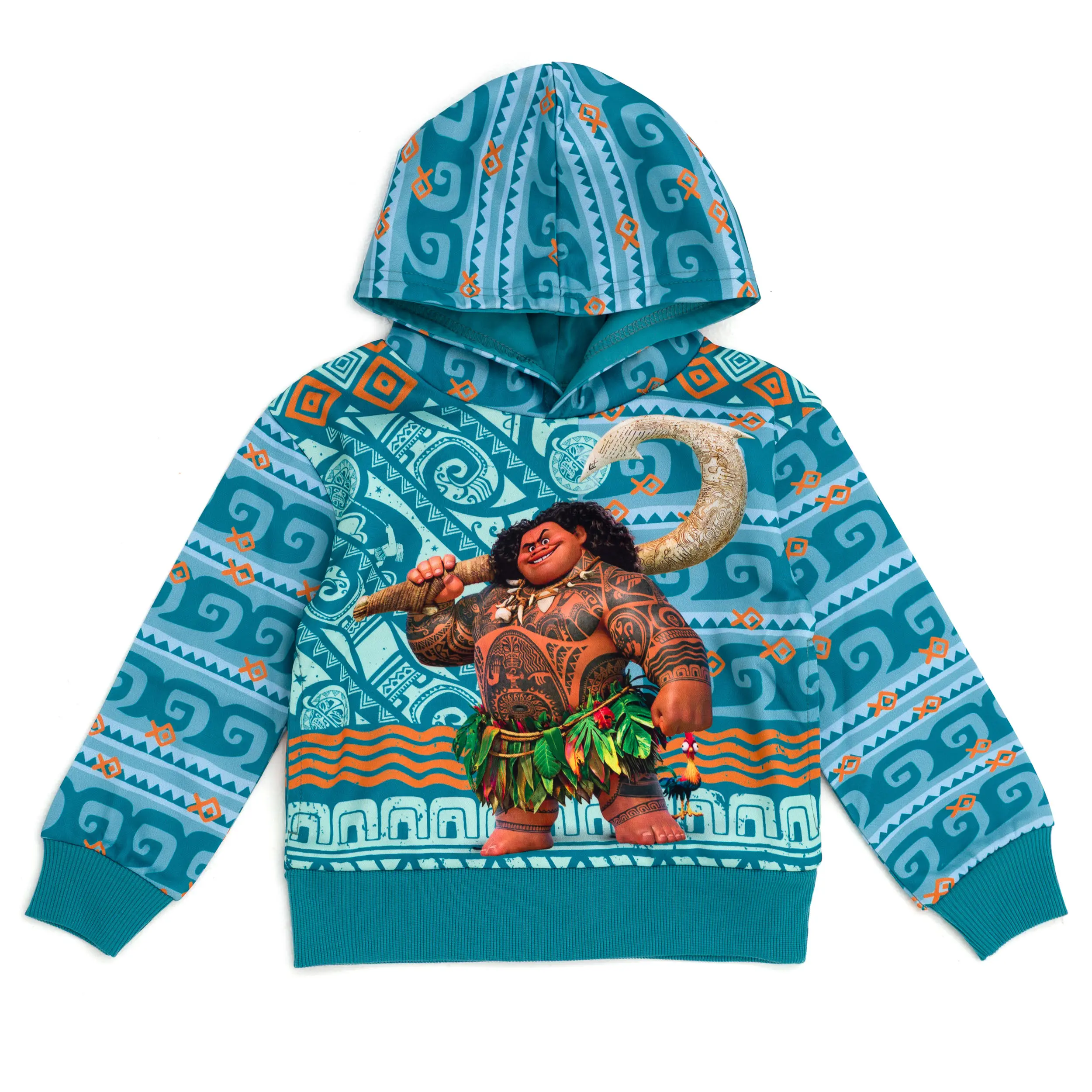 Disney Moana Maui Boys' Athletic Fleece Allover Full Sibli Graphic Pullover Hoodie with Side Pockets, Hei Hei Geometric Tribal Teal Top for Toddler to Big Kid, Kids Outdoor Play