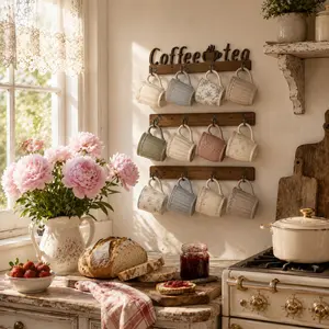 3-Piece Coffee Cup Wall Mount Rack Set, Includes 12 Heavy-Duty Hooks & Metal Coffee Sign, Rust-Resistant Tea Cup Holder for Home Decor, Wall Mounted Storage
