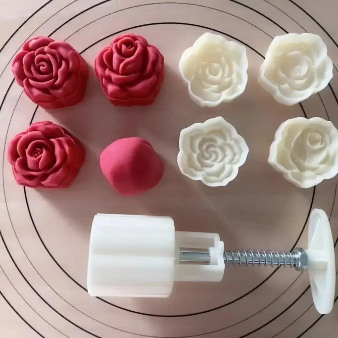 50/75g Rose Shape Mooncake Mold 4Pcs/Set Valentines Day Mold Hand-Pressure Moon Cake Mould DIY Decoration Baking Tools Kitchen