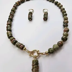 Yassy Creates Unakite Necklace and Earring Set - 16" Handmade Gemstone Jewelry with Gold Accents, Featuring Unique Beadwork and Earrings