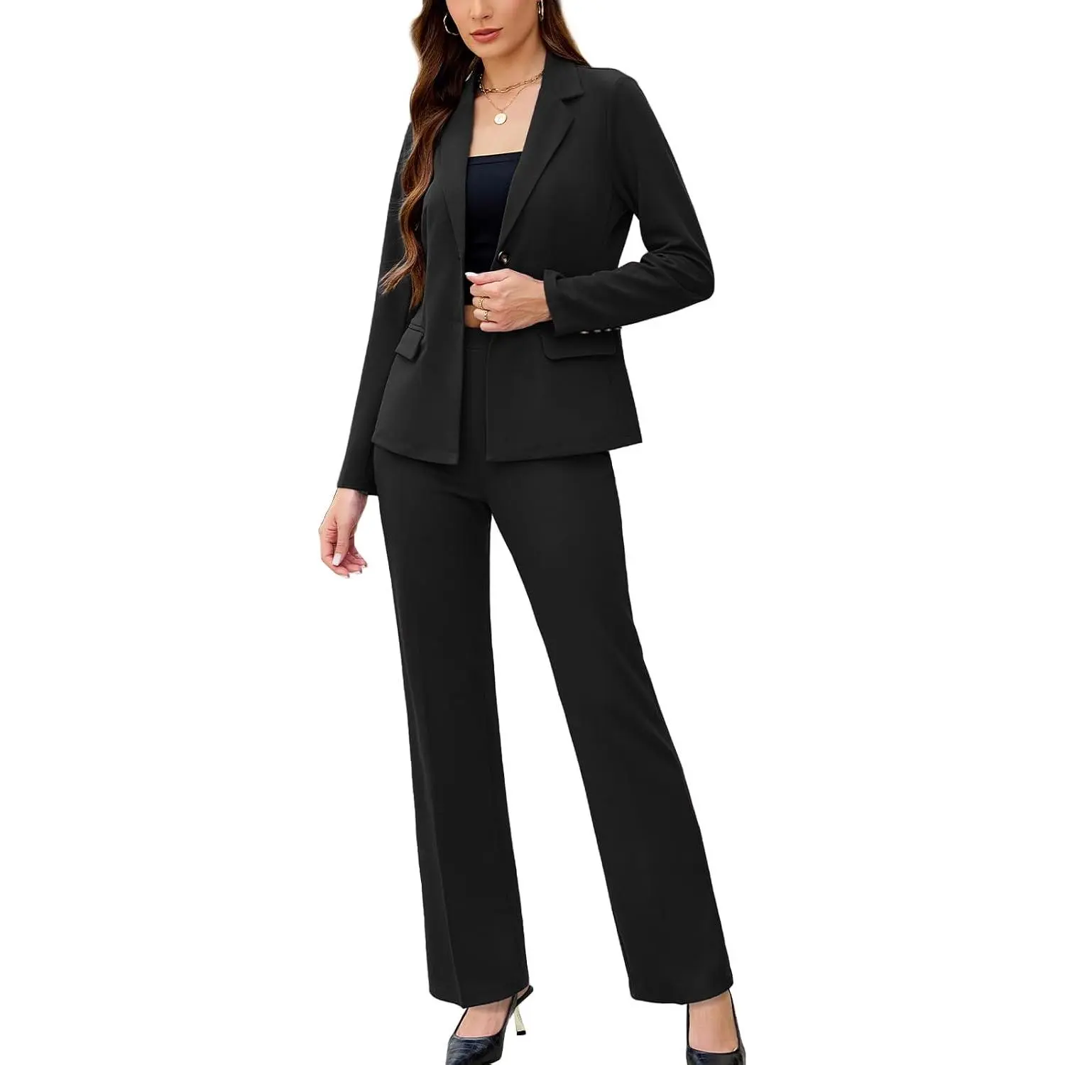 Women's 2 Piece Suits Business Casual Outfits Long Sleeve Solid Pantsuits Professional Office Work Sets