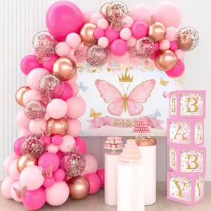 Pink Butterfly Baby Shower Decorations for Girl,Pink Balloon Garland Arch Kit,Pink Butterfly Baby Boxes and Butterfly Backdrop Kit for Baby Shower Butterfly Decorations Birthday Party Decor