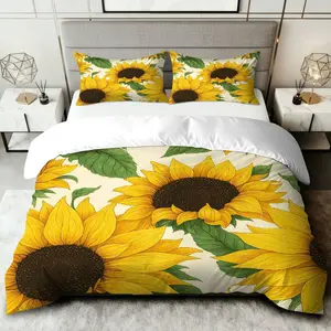 3-Piece Bedding Set Includes 1 Fitted Sheet & 2 Pillowcases, Sunflower Natural Floral Theme, Summer Bedding for Bedroom Guest Room Hotel, Sunflower Duvet Cover