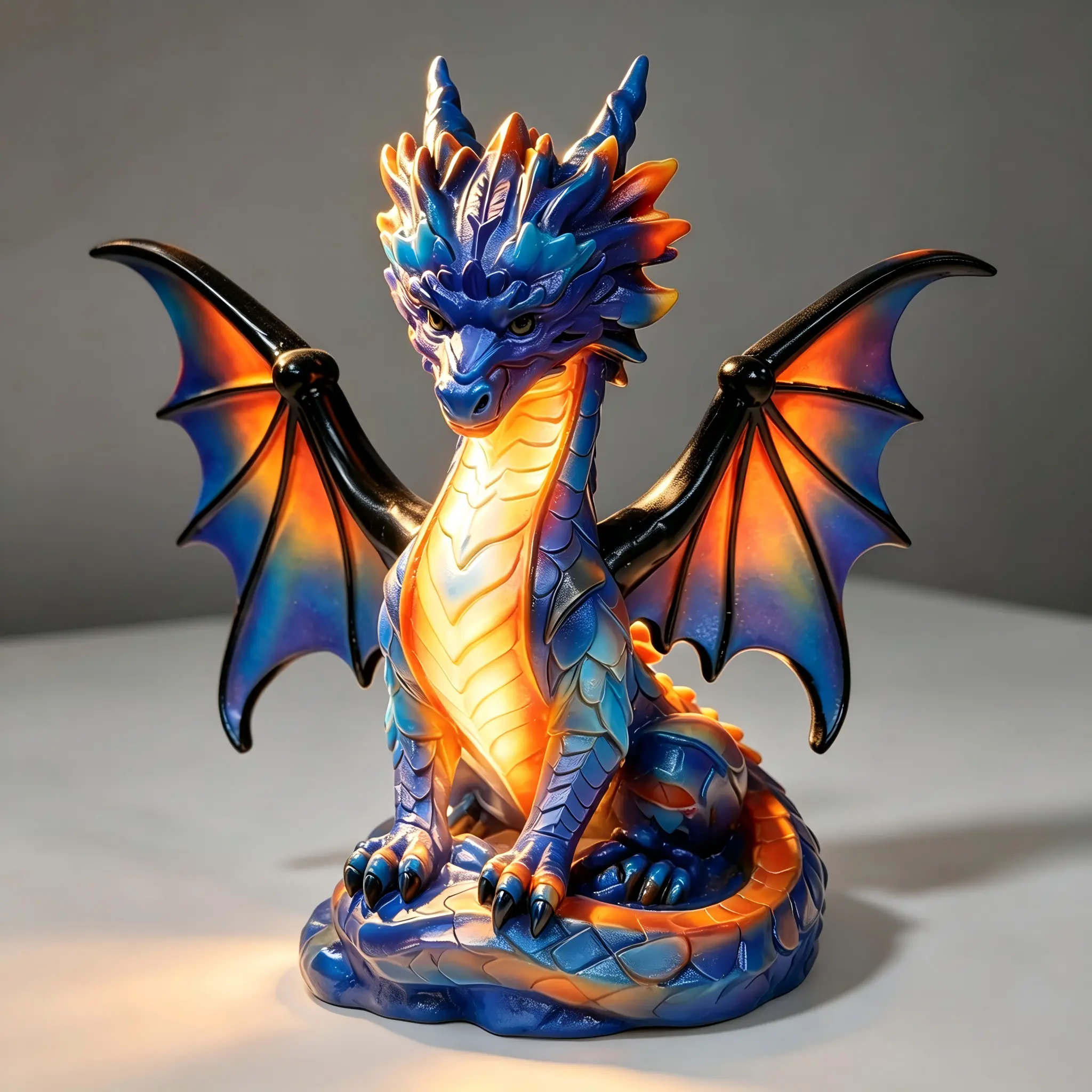 Rainbow Color Dragon Lamp – Multicolor Gradient Resin Sculpture & Night Light, plug-in powered for Bedroom Desk Fantasy Decor. Purple, red, orange, blue mix with pearl-like scales. decoration
