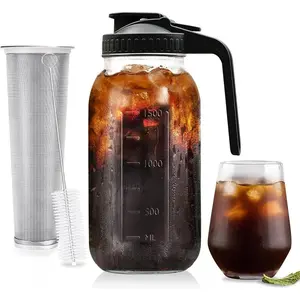 Cold Brew Coffee Maker Pitcher, 64 Oz Thick Glass Mason Jar Spout Lid for Iced Brew Coffee, Ice Lemonade, Sun Tea, Fruit Drinks Container