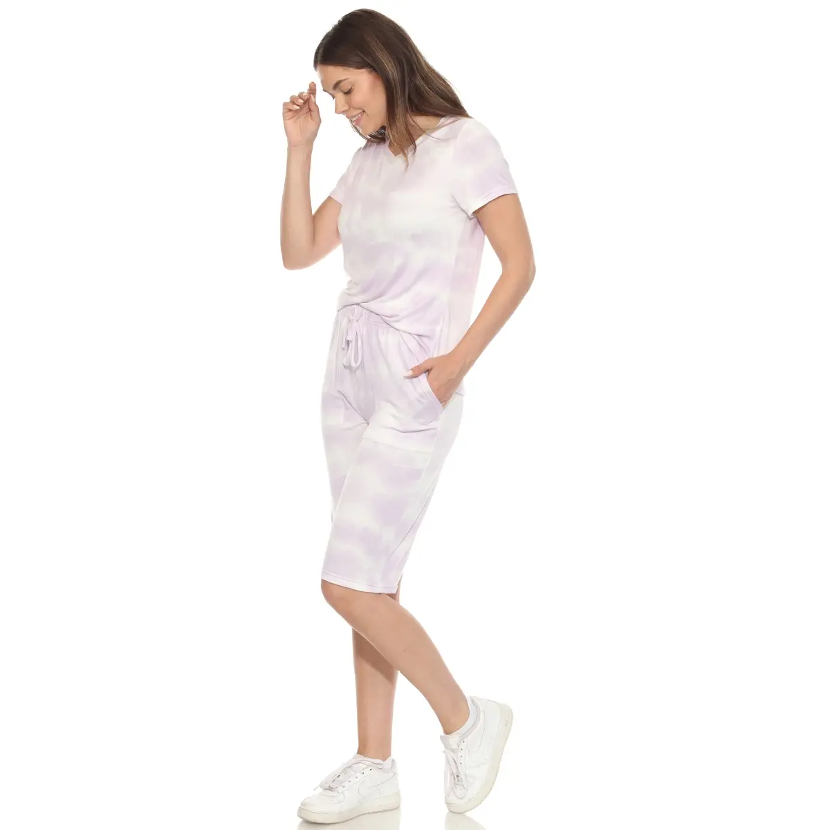 212 MAIN Women's Soft Knit Fabric Lilac Tie Dye Capri Pajama Set - Style Short-Sleeve Top, Adjustable Fit, Elastic Waist Pants with Pockets, Breathable Loungewear, Size Large (3627-09-L)