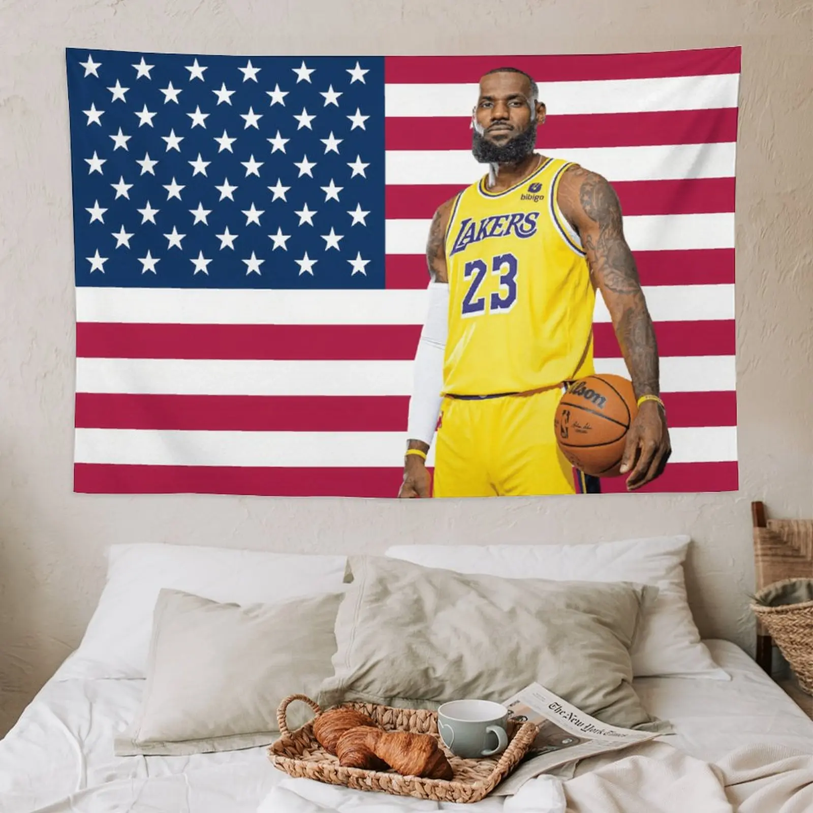 LeBron James Art Flag Full Print Tapestry - 40x30in Brightening Glam Patriotic American Home Decor Wall Hanging, Gentle Wash Easy Care College Dorm Gift