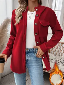 1 piece of one-piece solid-color button-up hooded jacket, with a thermal layer inside, suitable for wearing in autumn and winter, with a casual style