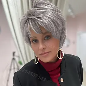 6 Inch Brazilian Remy Human Hair Wig for Women, Straight Layered Short 150% Density Glueless Rose Net Cap, Natural Gray Sophisticated Look for Daily Party & Mother's Day Gift