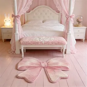 Pink bow bedroom decoration bedside carpet, French ins style living room carpet, Home Decor Rugs, cute bathroom balcony washable floor mat, irregular shape plush carpet, fluffy soft non-slip carpet, Decorative Rug, Furry floor rugs