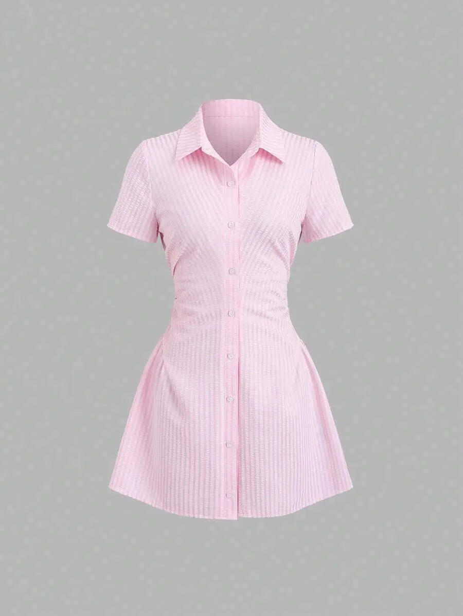 AMBER Short Sleeve Shirt Dress, Waist Cinched Slimming Stylish Blouse Dress For Summer