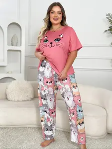 [Plus Size] Cat Print Tee & Elastic Waist Pants Pyjama Set, Casual Comfy Round Neck Short Sleeve T-shirt & Trousers PJ Set, Women's Sleepwear for Summer, Pajamas, Pajama Set, Loungewear