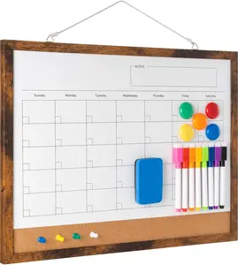 Dry Erase Calendar Whiteboard, 17" x 13"  Whiteboard Cork Board Combo,  Monthly Planner with 8 Markers, Eraser,  and Pushpins, Hanging Dry Erase Board for , School - Brown