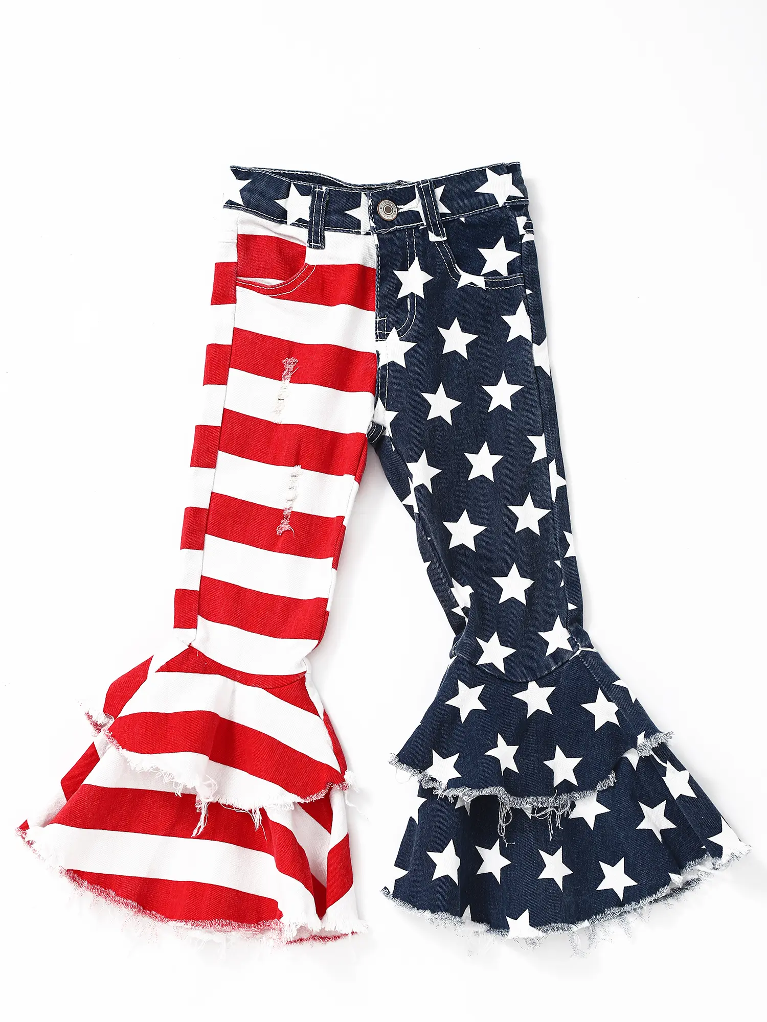 Girls' Americana 4th of July Stars-and-Stripes Bell-Bottom Ruffle Jeans for Holidays, Parades