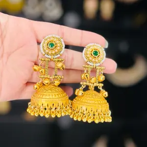 Kashmiri Earrings - Gold Color with Green Stone and Beaded Detailing for Traditional Style