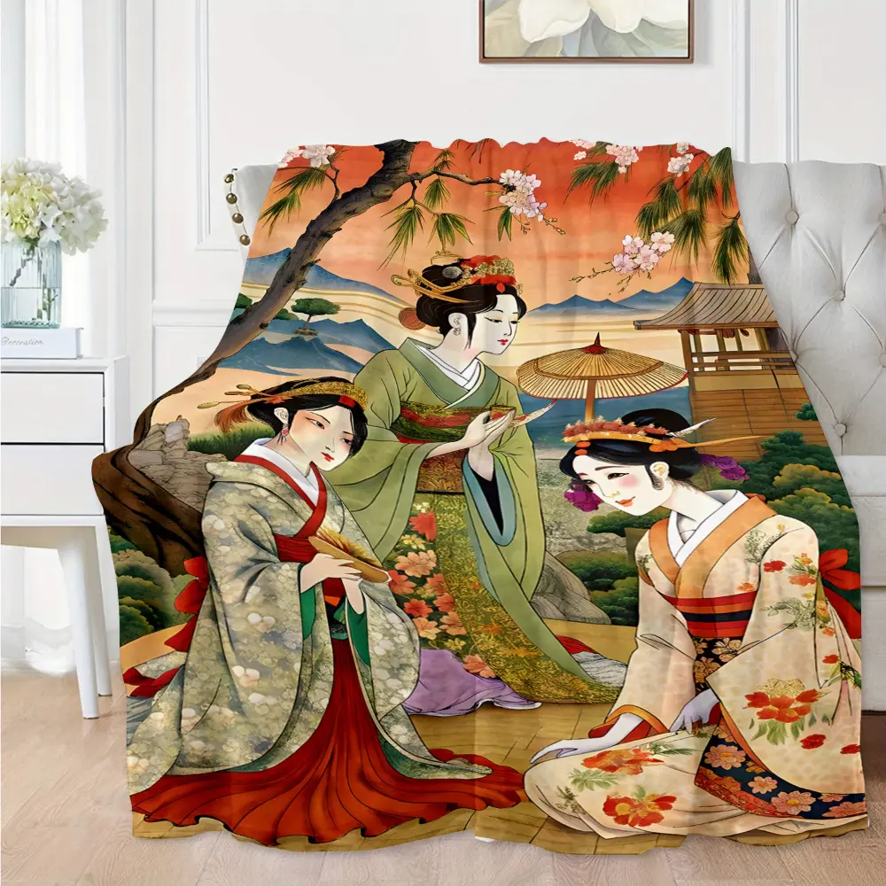 Japanese Art Blanket, Vintage Asian Painting Throw Blanket with Traditional Geisha Style Design, Oriental Culture Decorative Blanket for Couch Sofa Bed Bedroom Living Room Home Decor, Soft Cozy Fleece Blanket Gift for Art Lovers