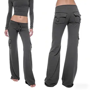 Wide Leg Cargo Pants for Women Yoga Leggings with Pockets Plus Size Y2K Drawstring Straight Leg Pants