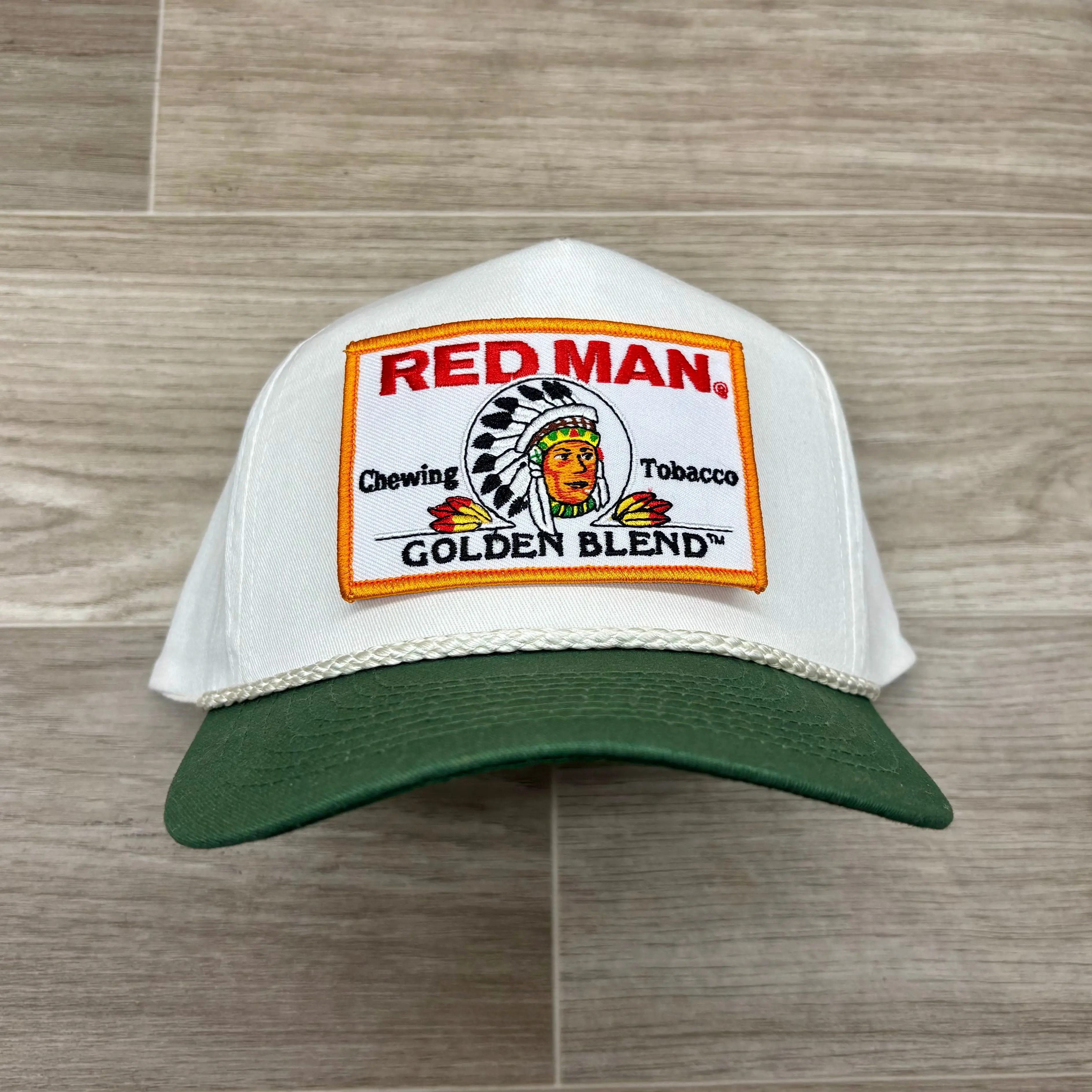 Red Man Golden on on 2-Tone Tall White Rope Hat w/Green Brim