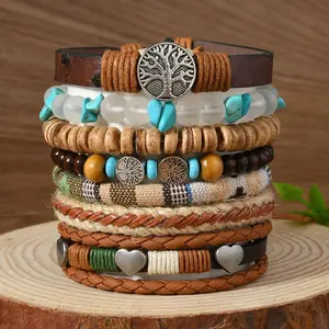 2026 New 7PCS Boho Wooden Bead Bracelet Set - Multicolor Leather & Pottery Accents, Fashion Jewelry Gift for Women