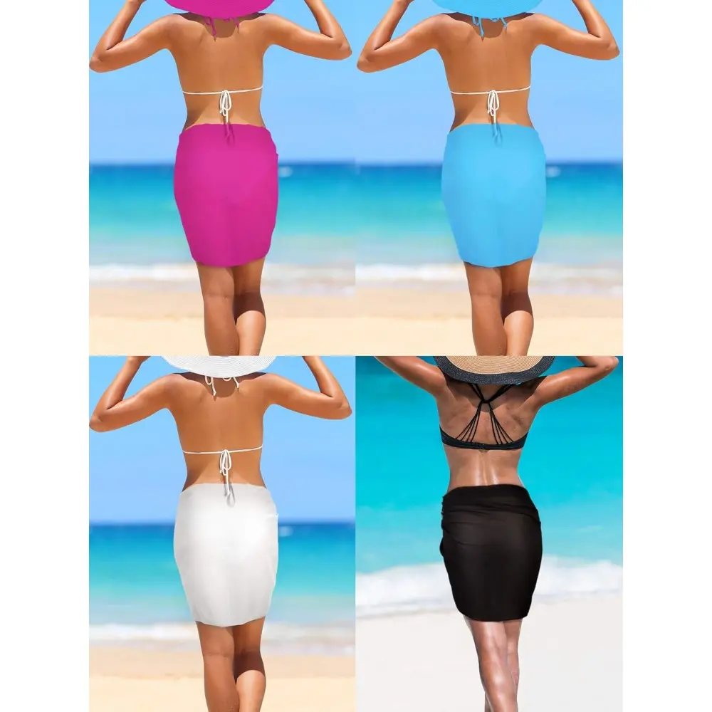 Women's 4pcs Mix Sarong Set - Short Solid Chiffon Beach Cover Up, Multi-Way Wrap Skirt, Head Scarf, Soft Texture, 55.1x19.6in (140cm), Sarong Dress, Multi-Way Use, Bathing Suit Coverup