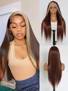Skunk Stripe Wig Lace Front Wig Pre Plucked Ready To Wear HD Glueless Straight Lace Frontal Wigs 13X4 Synthetic Lace Front Wigs For Women 180 Density 28inch brown And Blonde Wig Skunk Stripe Effortless Chic