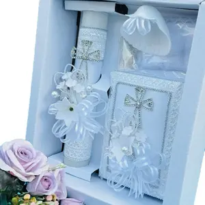 5pcs Traditional Baptism Candle Set - 8” Candle, Rosary, New Testament, Decorative Elements in Box for Boys & Girls (English & Spanish, White) | Decoration Party Supplies