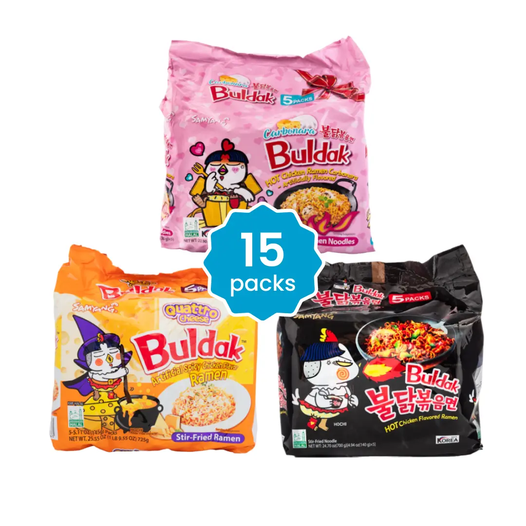 Samyang Buldak Hot Chicken Reman Newbie Pack - 15 Packs (Carbonara, Original, Quattro Cheese) Noodle Spicy Instant Food Pansit