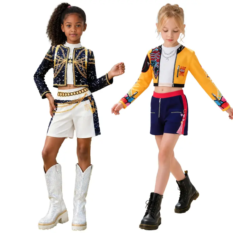 Girls' 3pcs Themed Pretend Play Costume Set - Polyester, 3D Printed Patterns, Celebrity-Inspired Rumi Halloween Costume for Kids, All-Season, Ideal for Halloween Parties & Festive Performances