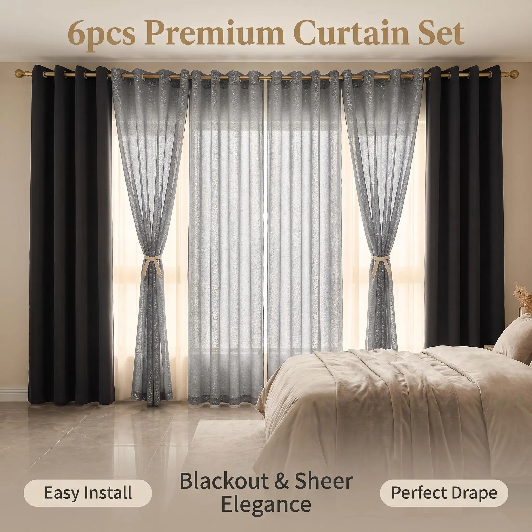 6-Panel 54x84 Inch Grommet Curtains Combo - 2 Solid Blackout, 4 Foil Silver Metallic Sheer Drapes, Thermal Insulated, Noise Reducing, Stretch, Wrinkle Resistant, Flat Weave, Curtains for Bedroom QF222 L28