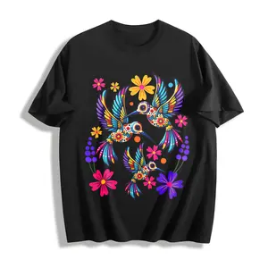 Women'S Casual Short-Sleeve T-Shirt with a Round Neck, Featuring a Mexican And Bohemian Style, Adorned with Folk Art Floral Prints And Three Birds, Perfect for Fashion And Retro Vibes in Spring, Summer, Autumn, And Winter
