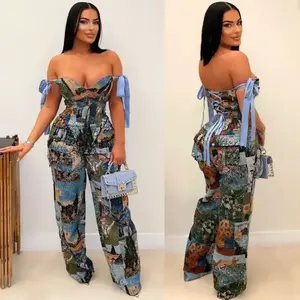 Bohemian Fitted Women's Set Oil Painting Printed Lace Up Back Crop Top and Pants Suit 2025 Fall Winter Two-Piece Tracksuit Outfit