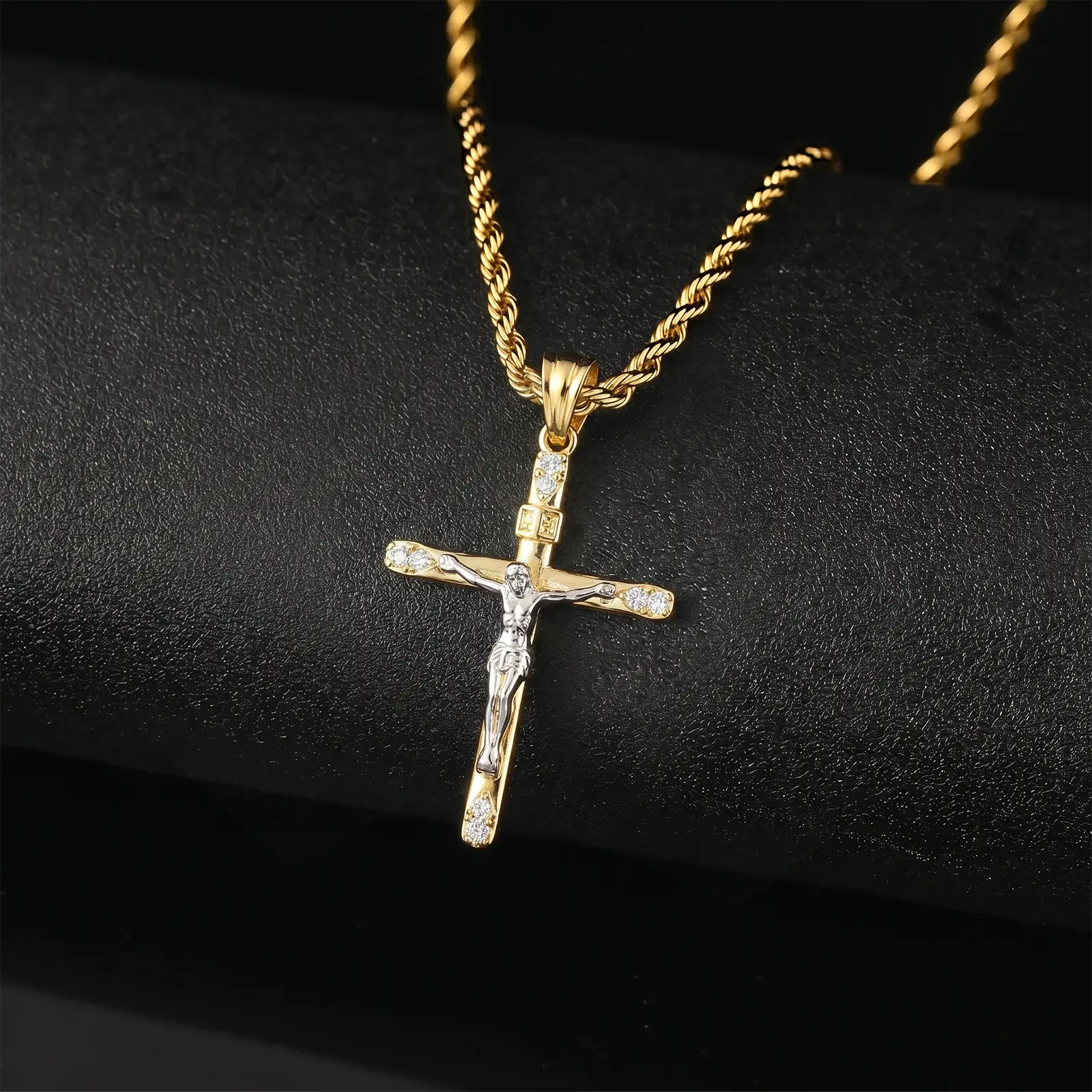 Crucifix Cross Necklace for Men, Cubic Zirconia Cross Necklace, 14K Gold Plated Cross Pendant with 18-24 Inch Rope Chain for Men Women